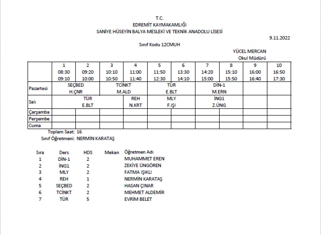 SINIFLARIN HAFTALIK DERS PROGRAMI - Saniye-Hüseyin Balya Mesleki Ve ...